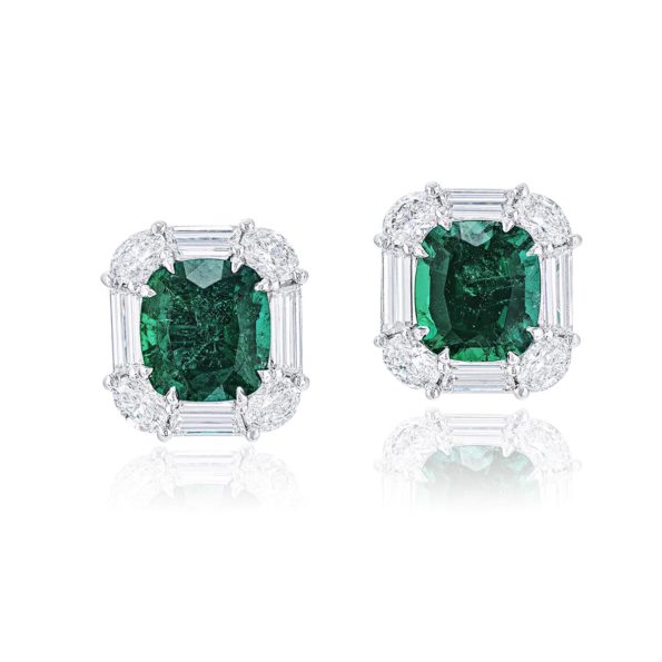 Cushion-cut Emeralds Encircled By Round Trapezoid Diamonds