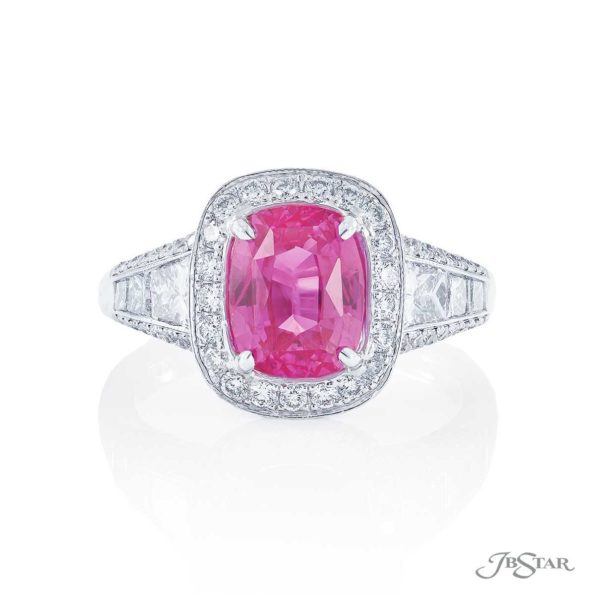 Pink sapphire and diamond ring 3.09 ct. cushion cut sapphire