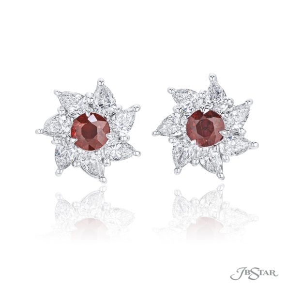 Round Ruby And Pear Shaped Diamond Earrings Platinum