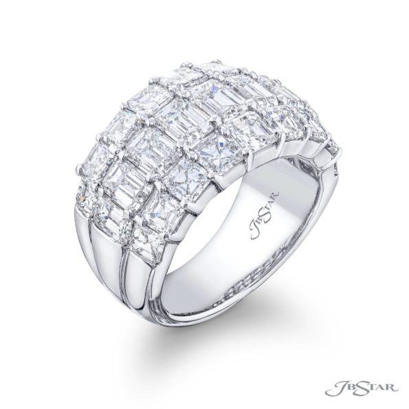 Classic Three-Row Diamond Band | Emerald-Cut Design in Platinum