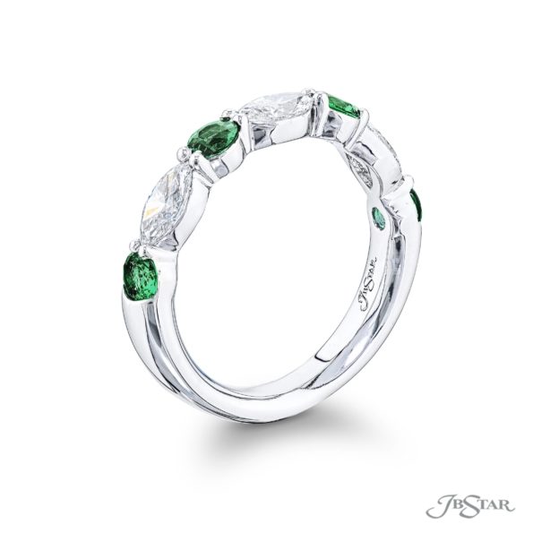 Round Emerald And Marquise Diamond Band Shared Prong