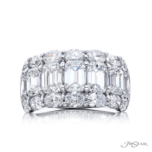 Iconic Three-Row Diamond Band | Emerald-Cut & Oval Diamonds in Platinum