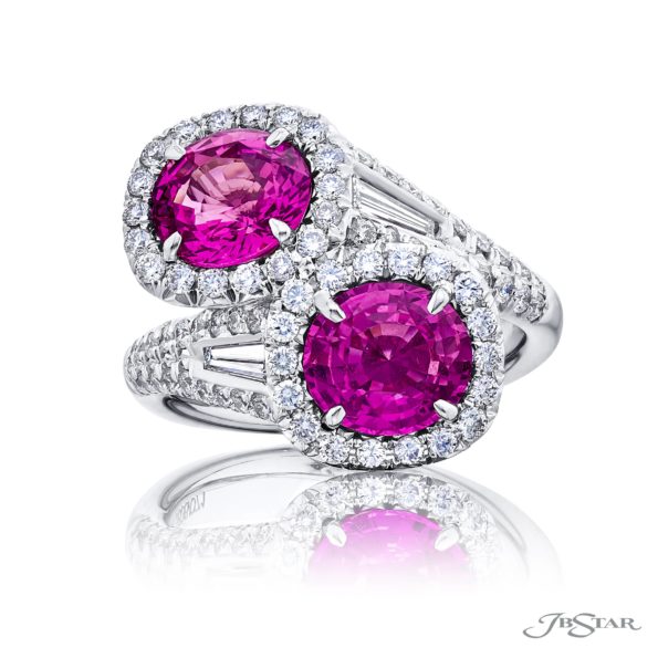 Breathtaking Radiance: Certified Twogether Pink Sapphire Ring  Oval Pink Sapphires with Tapered Baguette & Micro Pav Diamonds in Pure Platinum