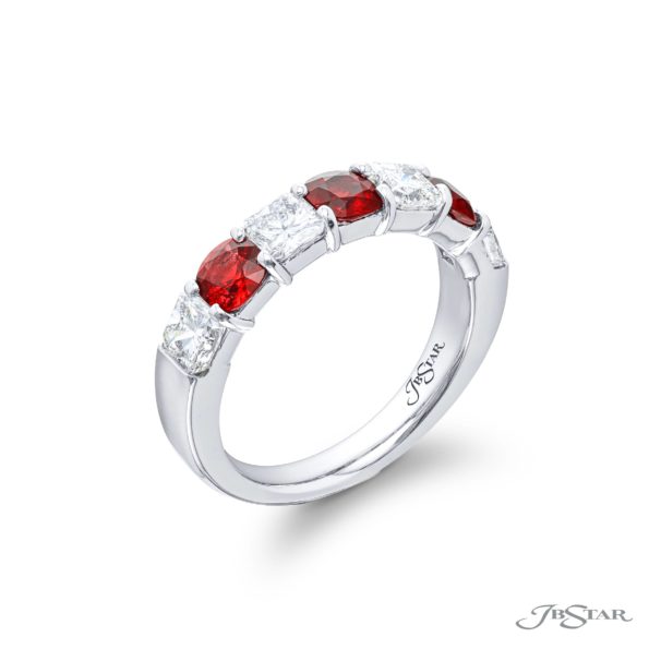 Iconic Single-Row Ruby & Diamond Band | Cushion Rubies & Radiant Diamonds in Platinum