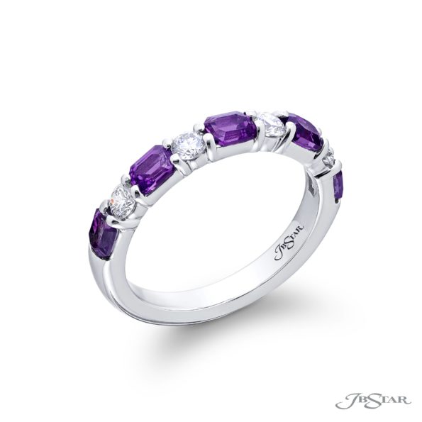 Classic Single-Row Purple Sapphire and Diamond Band | Emerald-Cut Sapphires in Platinum