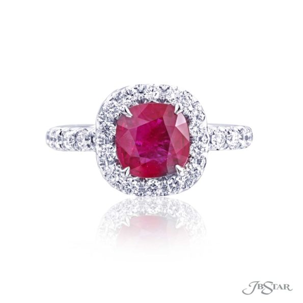 1.56 ct Cushion Cut Ruby Ring Surrounded by Round Diamonds