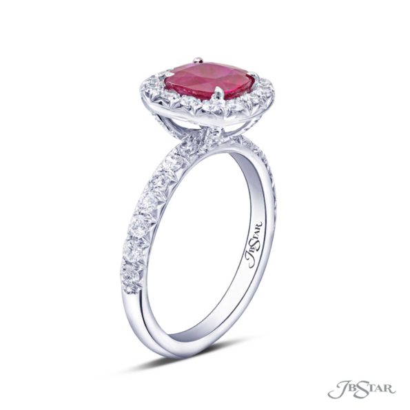 1.56 ct Cushion Cut Ruby Ring Surrounded by Round Diamonds