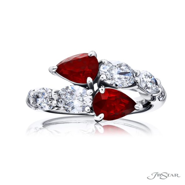 Breathtaking Radiance: Twogether Ruby Ring Pear-Shaped Rubies & Oval Diamonds in Pure Platinum