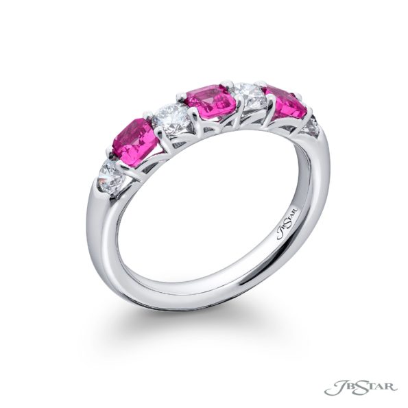 Elegance Elevated: East-West Pink Sapphire & Diamond Band | Square-Cut Design in Platinum