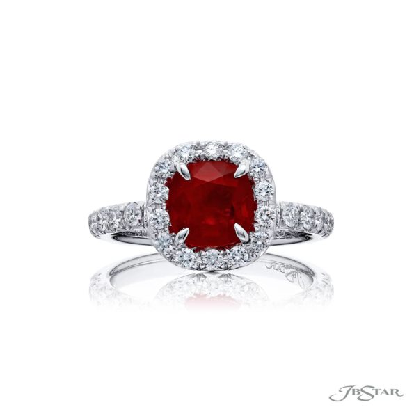 1.56 ct Cushion Cut Ruby Ring Surrounded by Round Diamonds