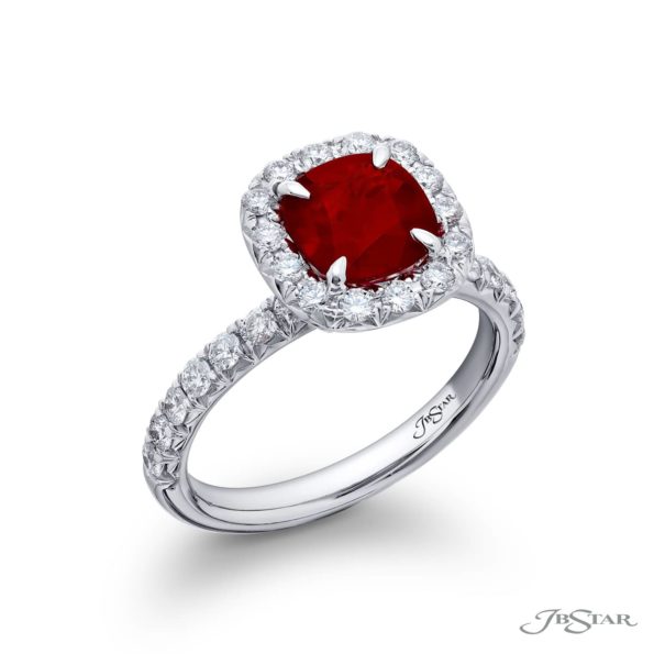 1.56 ct Cushion Cut Ruby Ring Surrounded by Round Diamonds