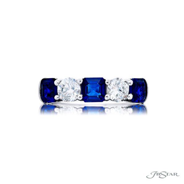 Classic Single-Row Sapphire and Diamond Band | Platinum Emerald-Cut Sapphire and Round Diamond Ring