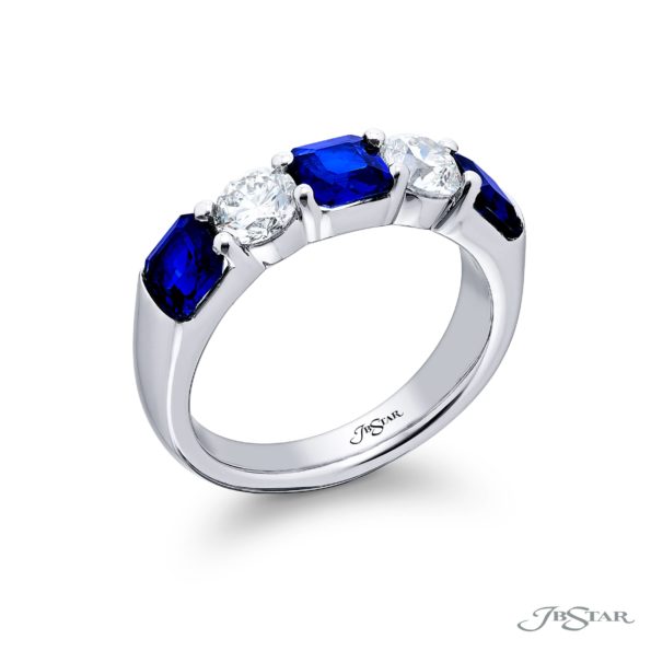 Classic Single-Row Sapphire and Diamond Band | Platinum Emerald-Cut Sapphire and Round Diamond Ring