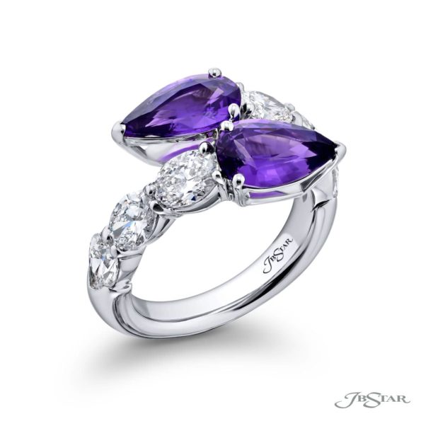 Breathtaking Radiance: Twogether No-Heat Purple Sapphire Ring Pear-Shaped Sapphires & Oval Diamonds in Pure Platinum