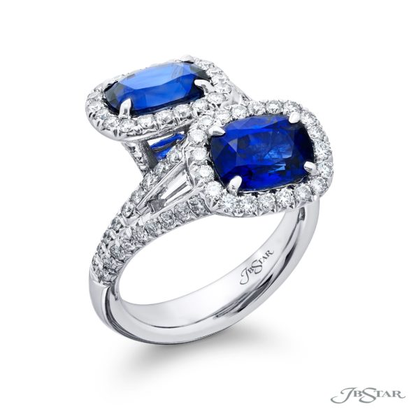 Breathtaking Radiance: Certified Royal Blue Sri Lankan Sapphire Ring  Cushion-Cut Sapphires with Micro Pave & Tapered Baguette Accents in Pure Platinum